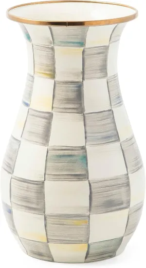 MACKENZIE-CHILDS Tall Enamel Vase, Unique Flower-Vase Decor for Living Room, Gray-and-White Sterling Check
