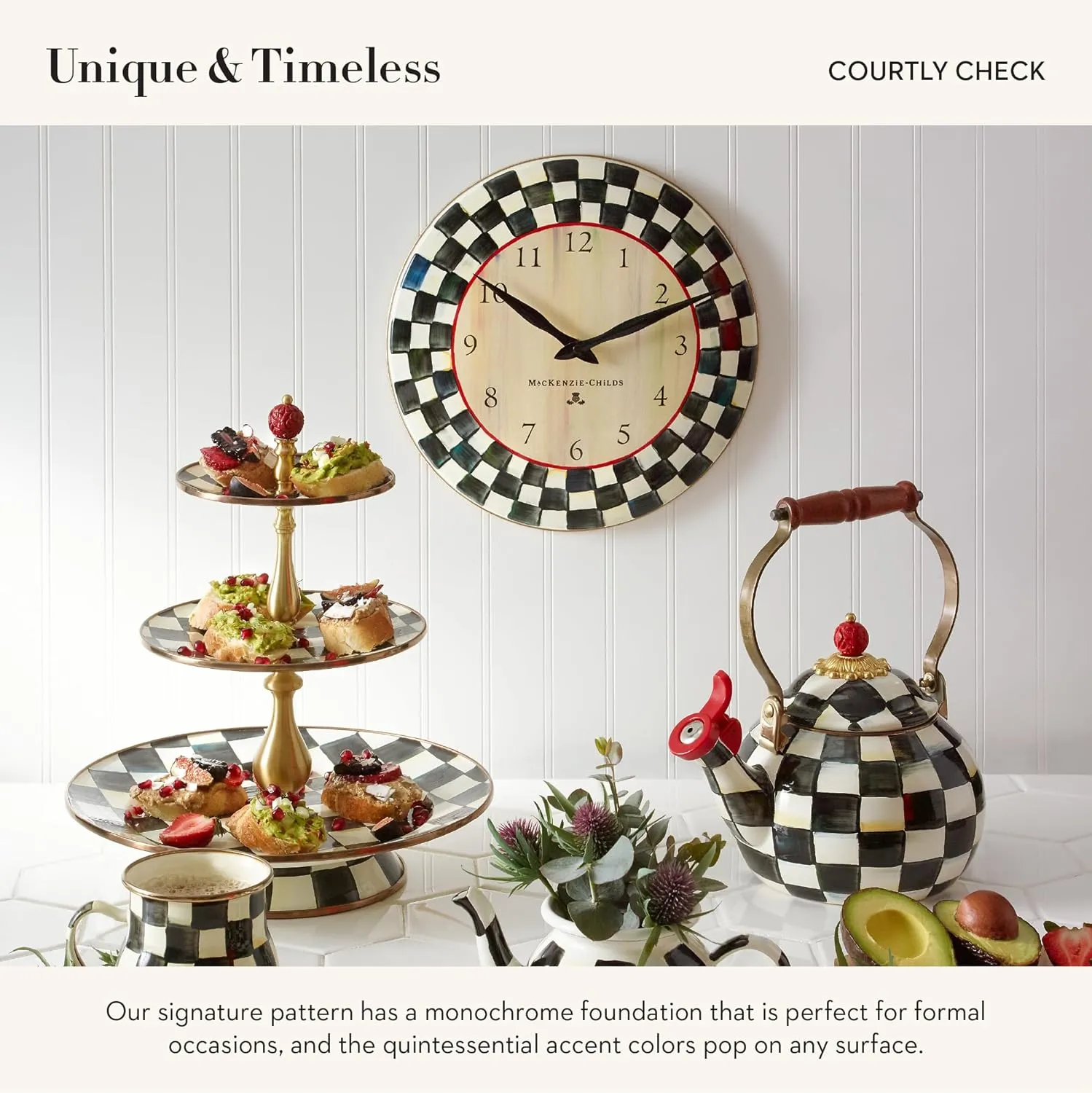 MACKENZIE-CHILDS Wall Clock, Decorative Clock for Kitchen and Living Room, Black-and-White Courtly Check