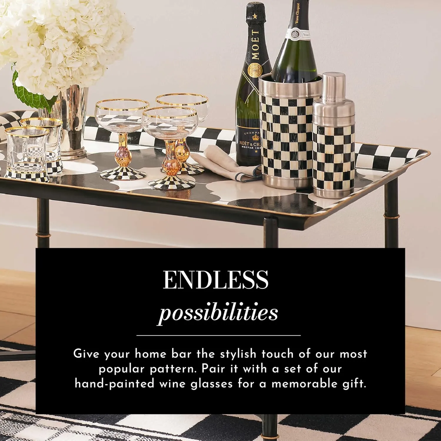 MACKENZIE-CHILDS Wine Bottle Cooler, Champagne and Wine Ice Bucket, Black-and-White Courtly Check
