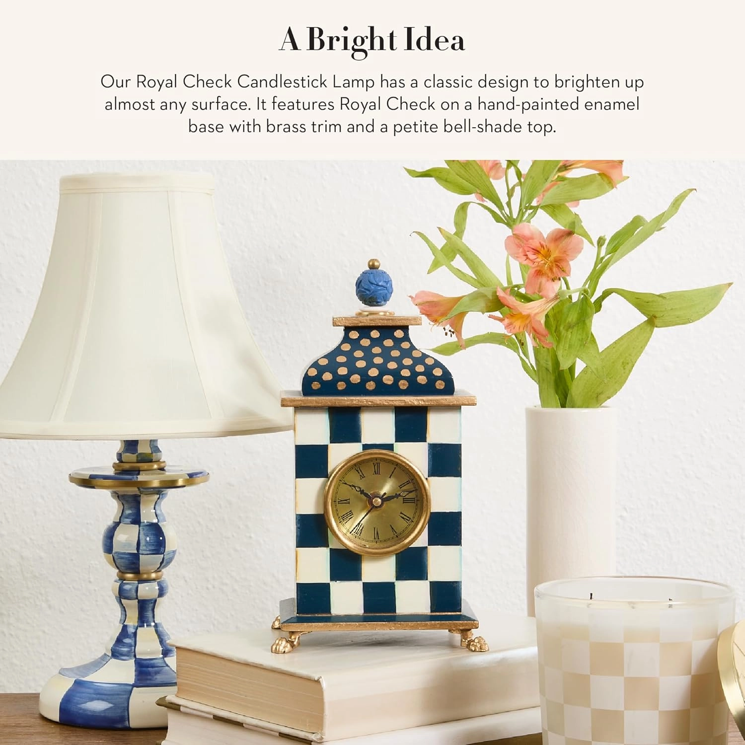 MACKENZIE-CHILDS Candlestick Lamp, Decorative Lamp for Living Room or Bedroom, Blue-and-White Royal Check