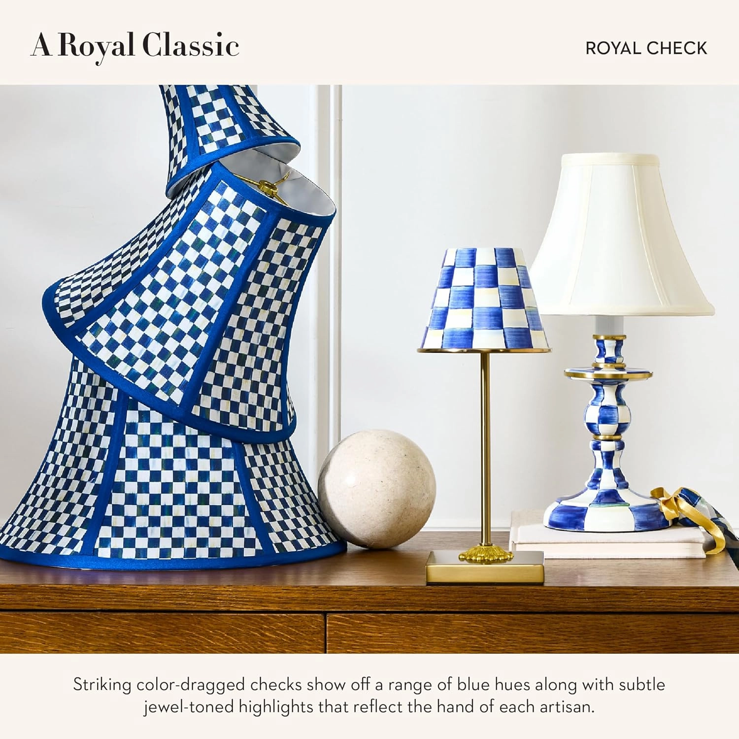 MACKENZIE-CHILDS Candlestick Lamp, Decorative Lamp for Living Room or Bedroom, Blue-and-White Royal Check