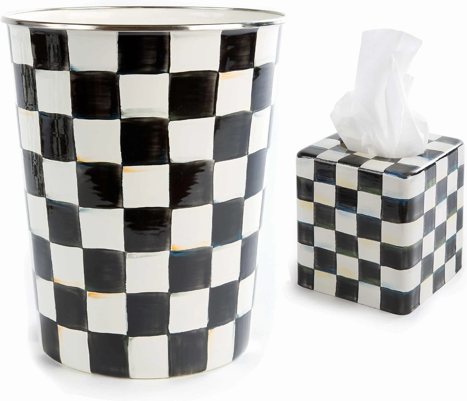 MACKENZIE-CHILDS Enamel Boutique Square Tissue-Box Cover and Waste-Bin Set, Tissue Holder and Wastebasket for Bathroom or Home Decor, Black-and-White Courtly Check