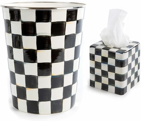MACKENZIE-CHILDS Enamel Boutique Square Tissue-Box Cover and Waste-Bin Set, Tissue Holder and Wastebasket for Bathroom or Home Decor, Black-and-White Courtly Check