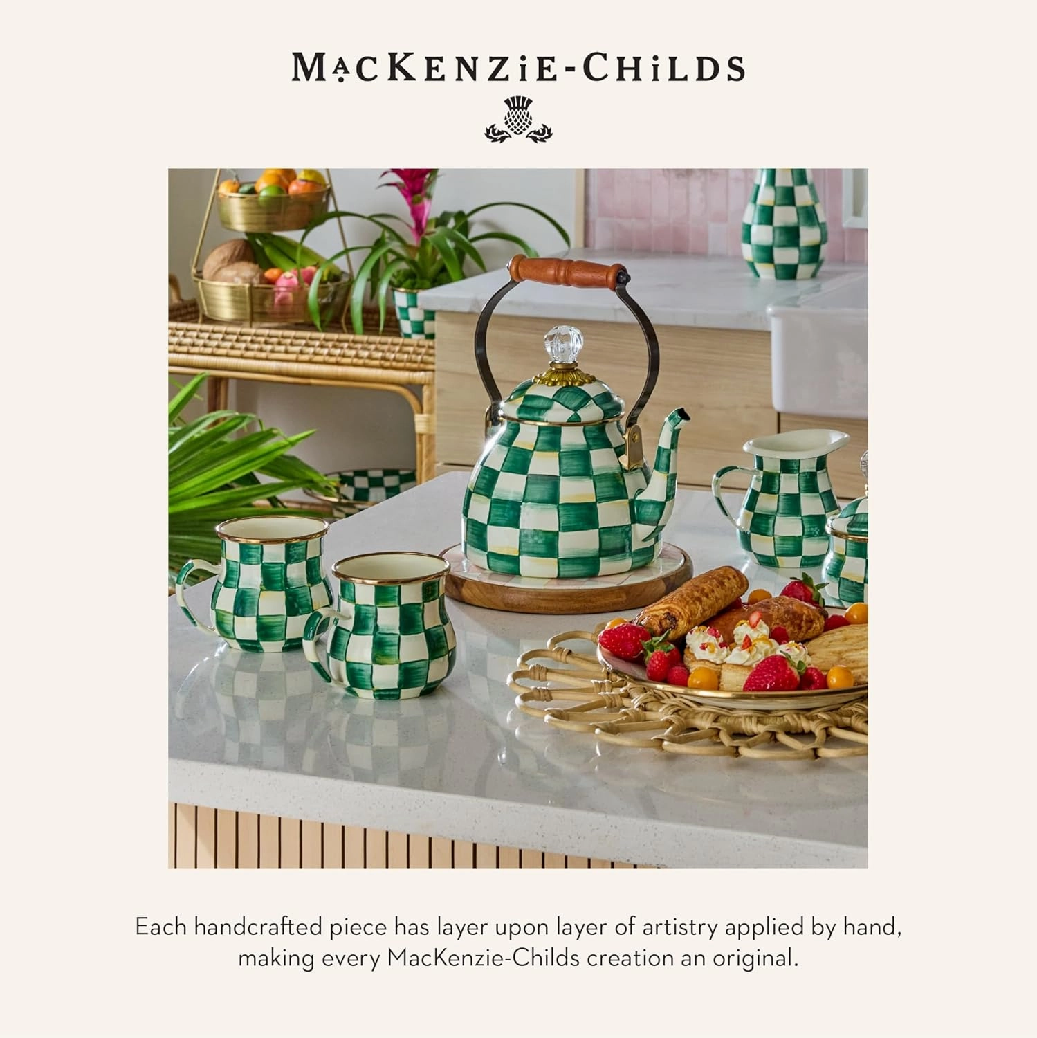 MACKENZIE-CHILDS Enamel Bowl, Serving Bowl for Entertaining, Everything Bowl, Green-and-White Emerald Check