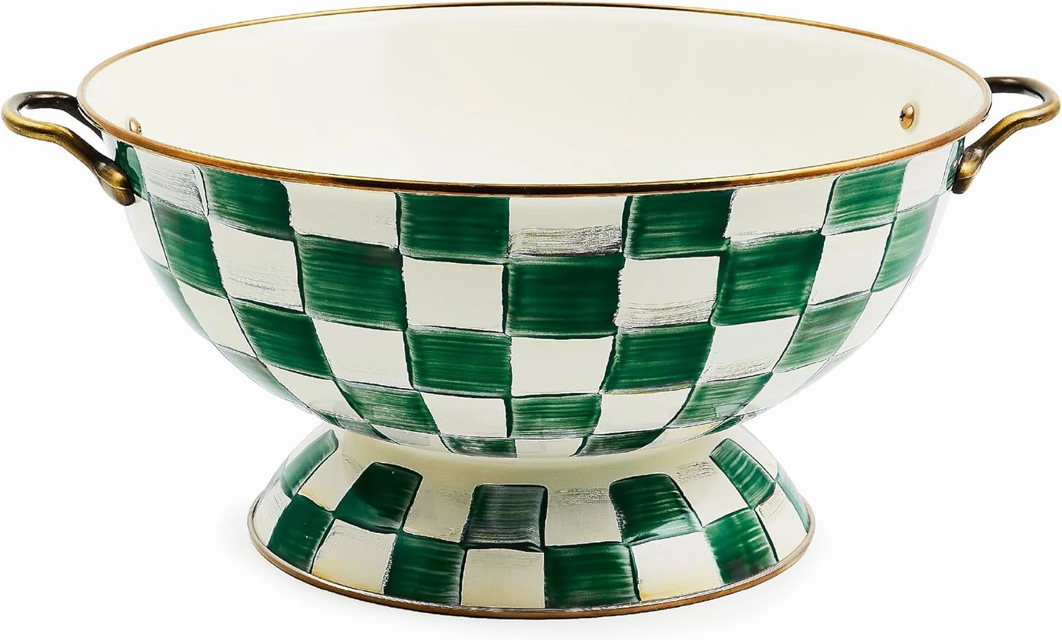 MACKENZIE-CHILDS Enamel Bowl, Serving Bowl for Entertaining, Everything Bowl, Green-and-White Emerald Check