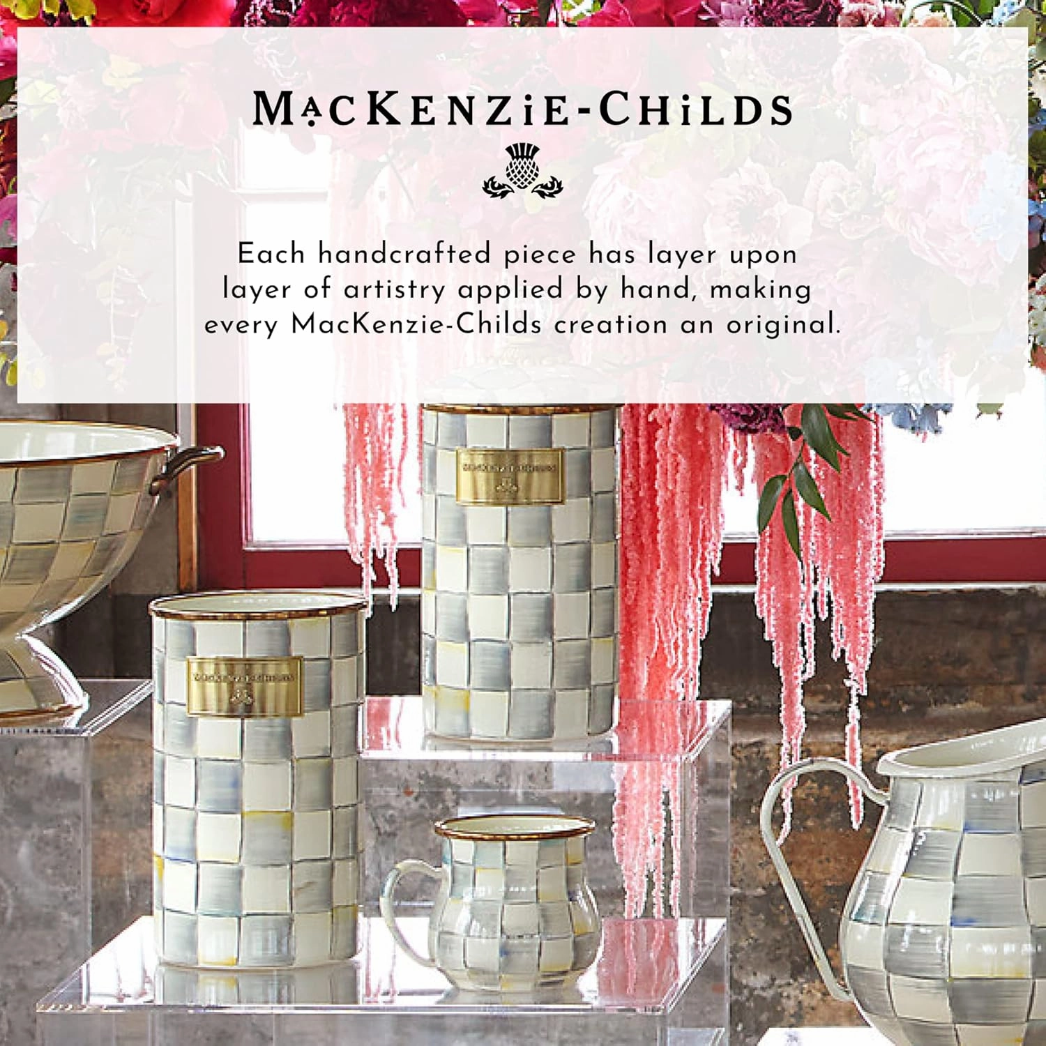 MACKENZIE-CHILDS Enamel Breakfast Bowl, Unique Soup Bowl or Cereal Bowl, Dinnerware, Gray-and-White Sterling Check, Set of 1