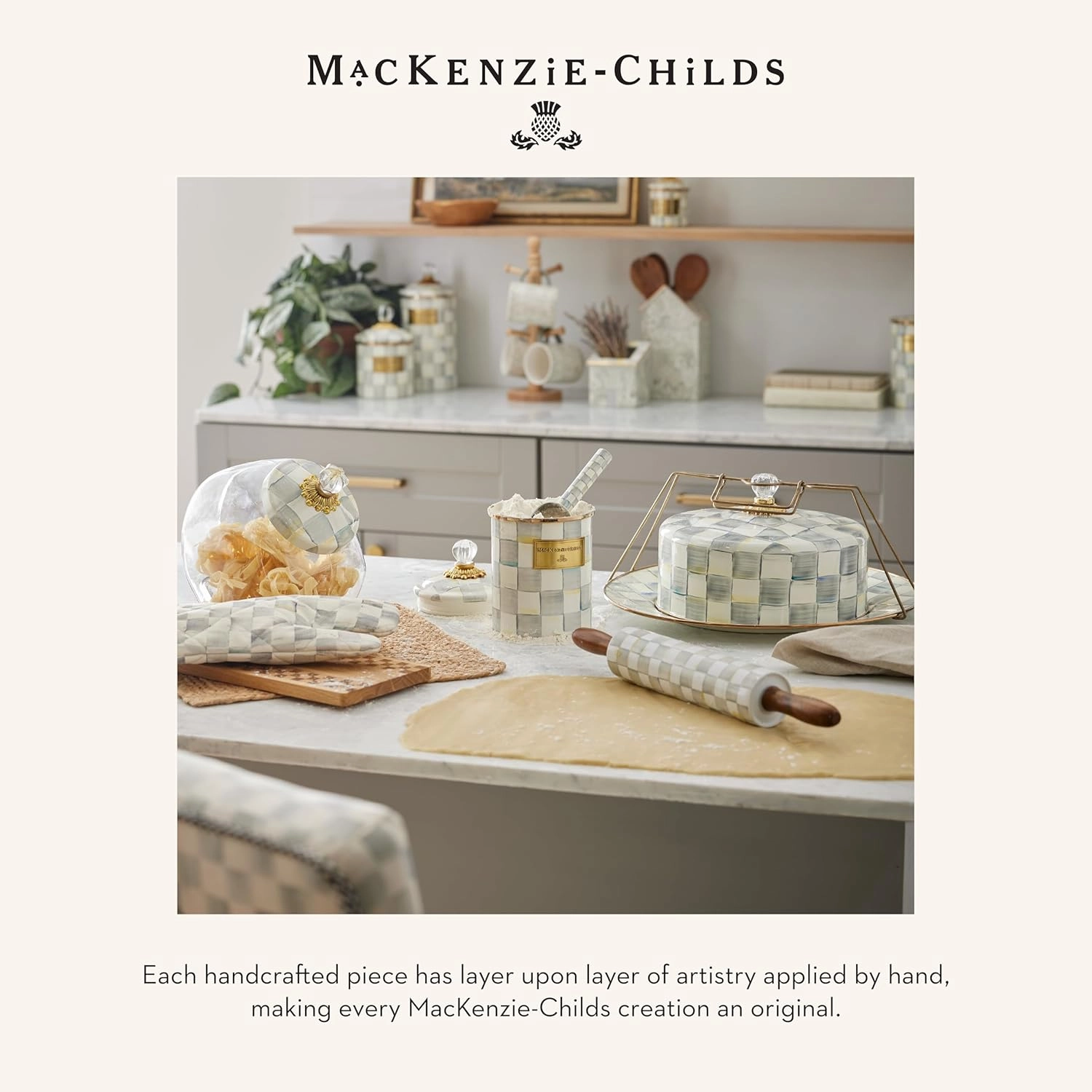 MACKENZIE-CHILDS Enamel Mug, Cute Enamelware Coffee and Tea Mug, Unique Drinkware, 16 Ounces, Gray-and-White Sterling Check, Set of 1