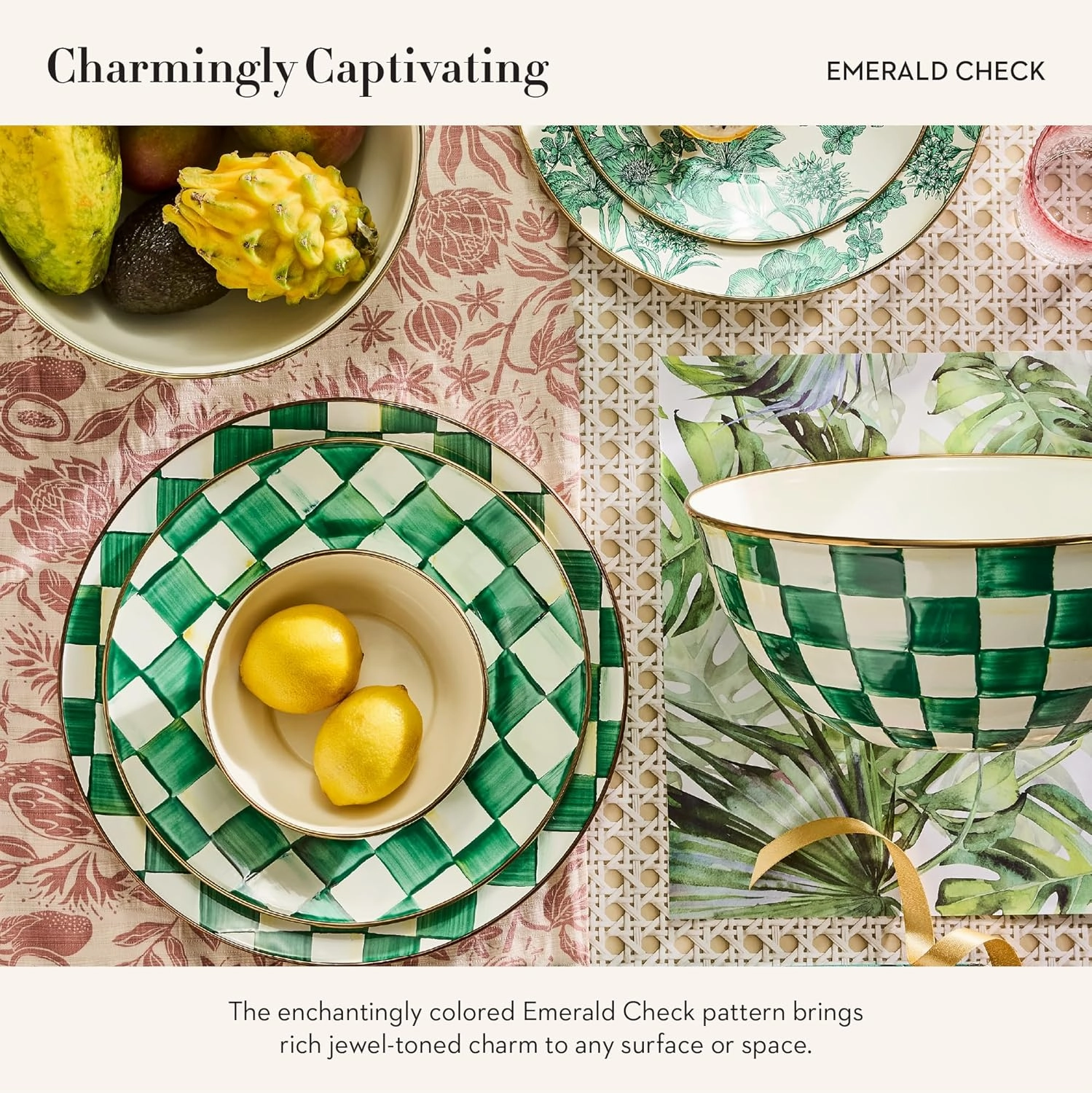 MACKENZIE-CHILDS Enamel Pinch Bowl, Small Bowl for Kitchen Ingredients, 1.5-Cup Capacity, Green-and-White Emerald Check
