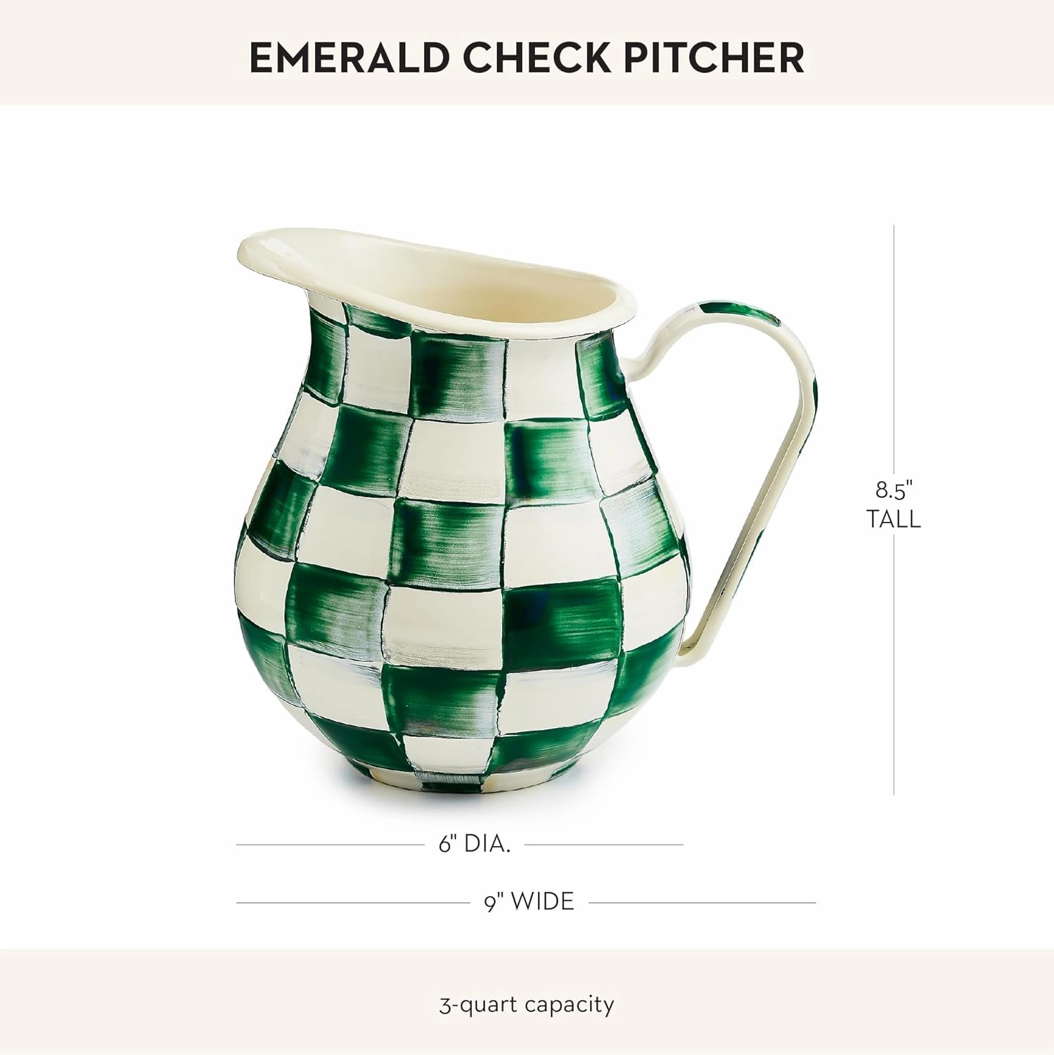 MACKENZIE-CHILDS Enamel Pitcher with Spout for Water, Cut Flowers, and Home Decor, 3 Quarts, Green-and-White Emerald Check