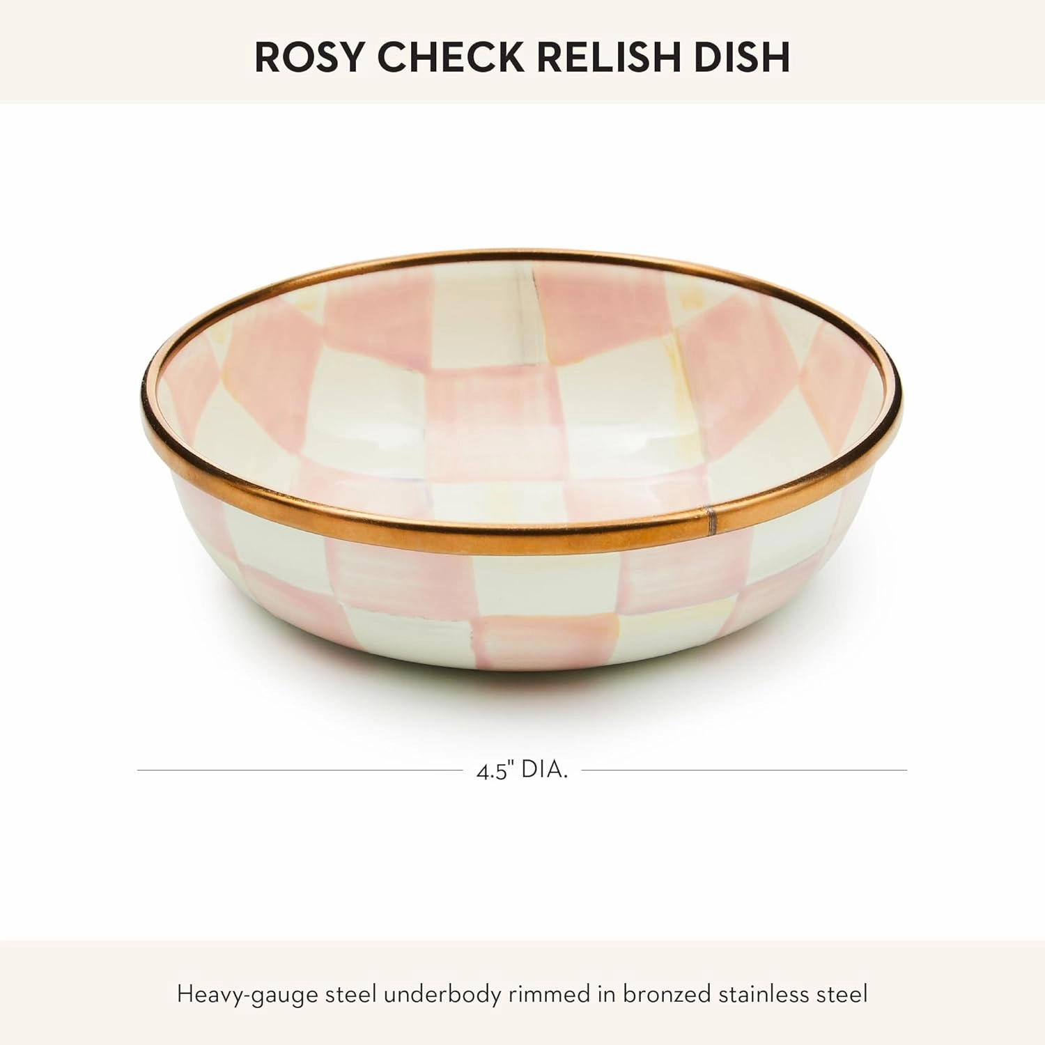 MACKENZIE-CHILDS Enamel Relish Dish, Small Serving Bowl for Entertaining, Pink-and-White Rosy Check
