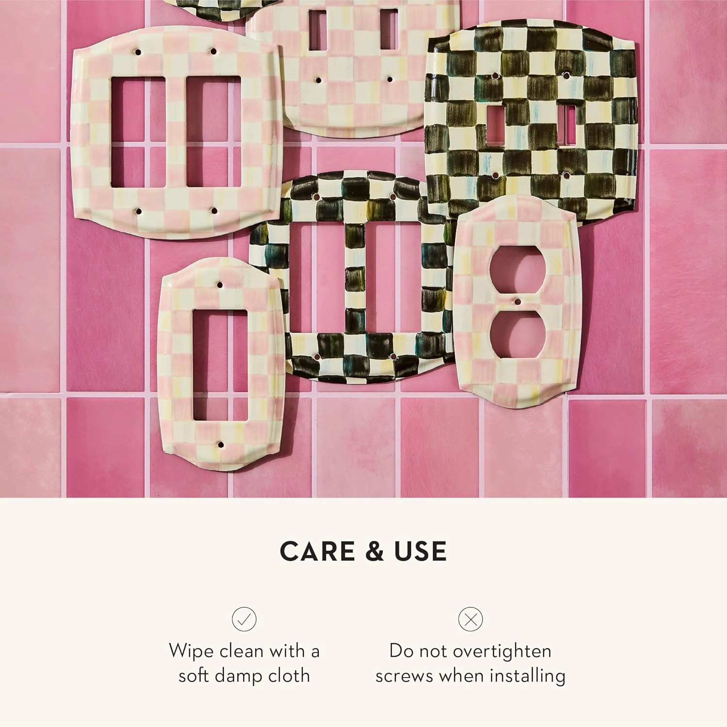 MACKENZIE-CHILDS Enamel Switch Plate, Light-Switch Cover, Single Rocker, Pink-and-White Rosy Check
