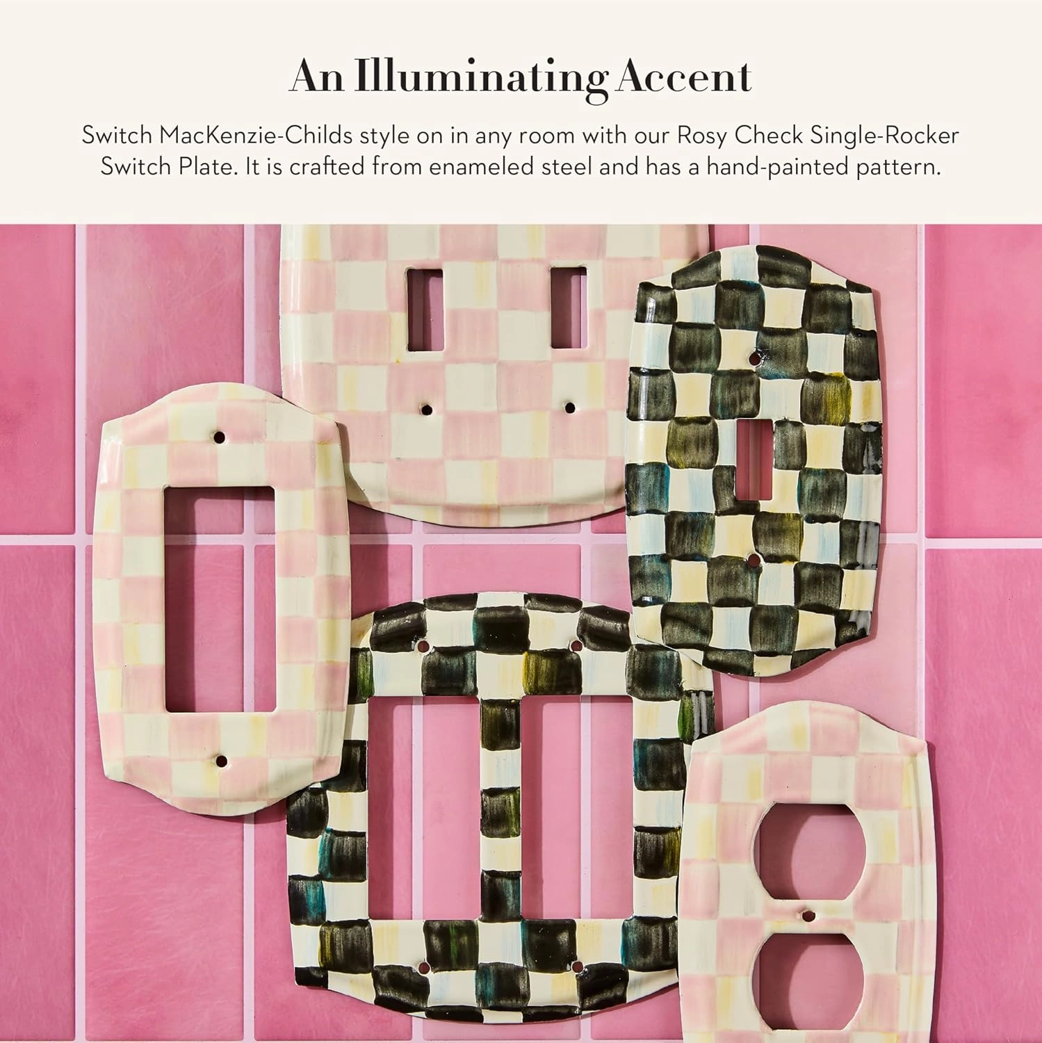 MACKENZIE-CHILDS Enamel Switch Plate, Light-Switch Cover, Single Rocker, Pink-and-White Rosy Check