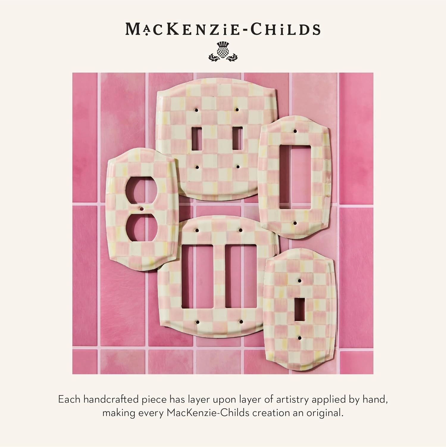 MACKENZIE-CHILDS Enamel Switch Plate, Light-Switch Cover, Single Rocker, Pink-and-White Rosy Check