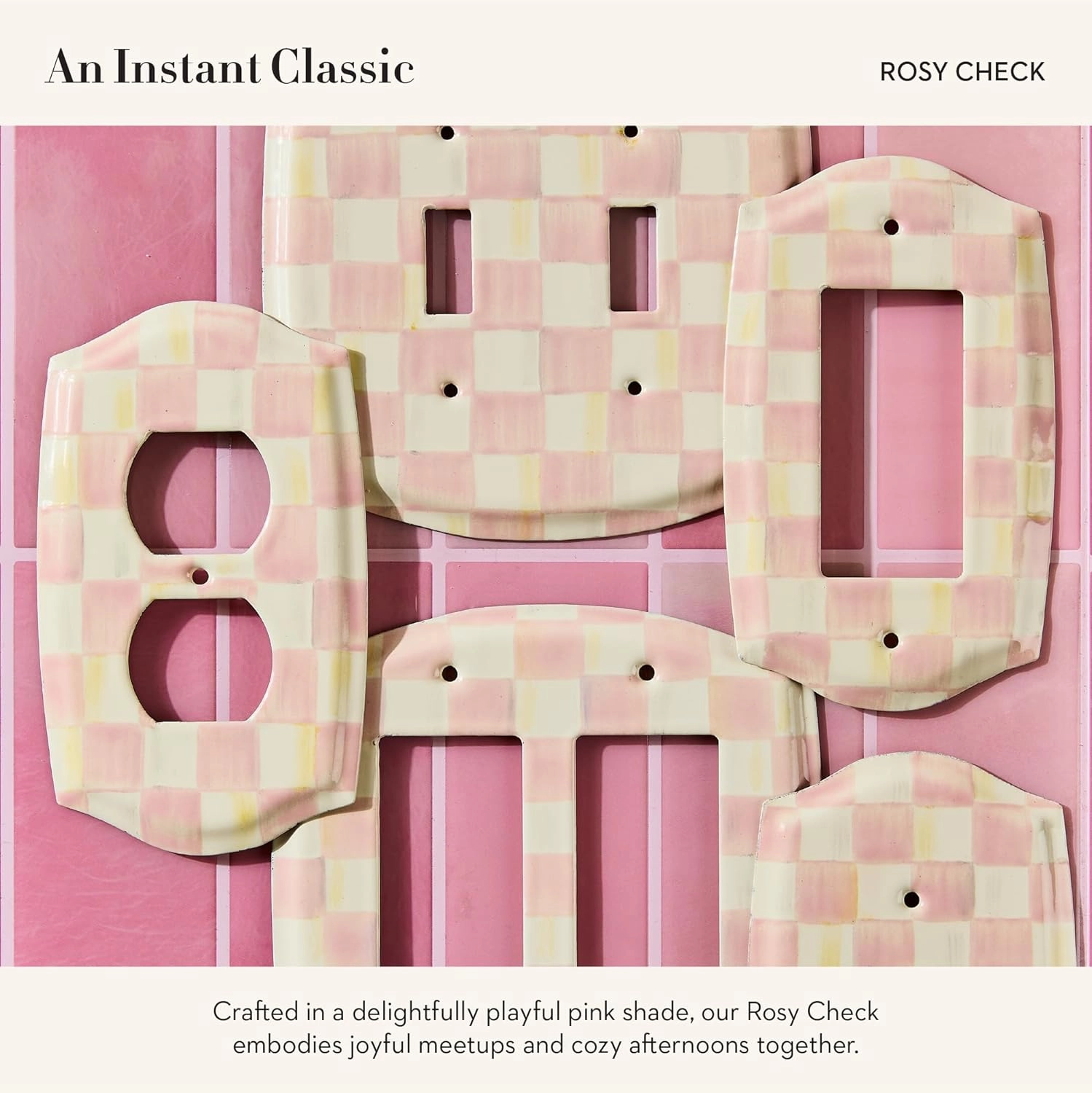 MACKENZIE-CHILDS Enamel Switch Plate, Light-Switch Cover, Single Rocker, Pink-and-White Rosy Check