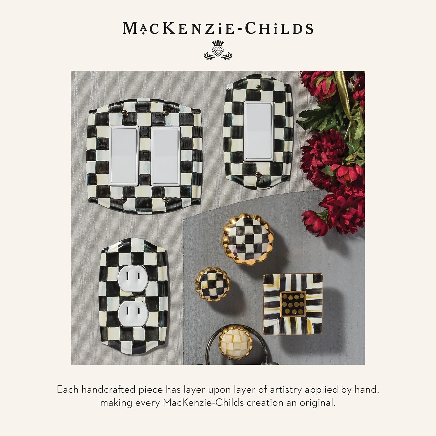 MACKENZIE-CHILDS Enamel Switch Plate, Light-Switch Cover, Single Toggle, Black-and-White Courtly Check