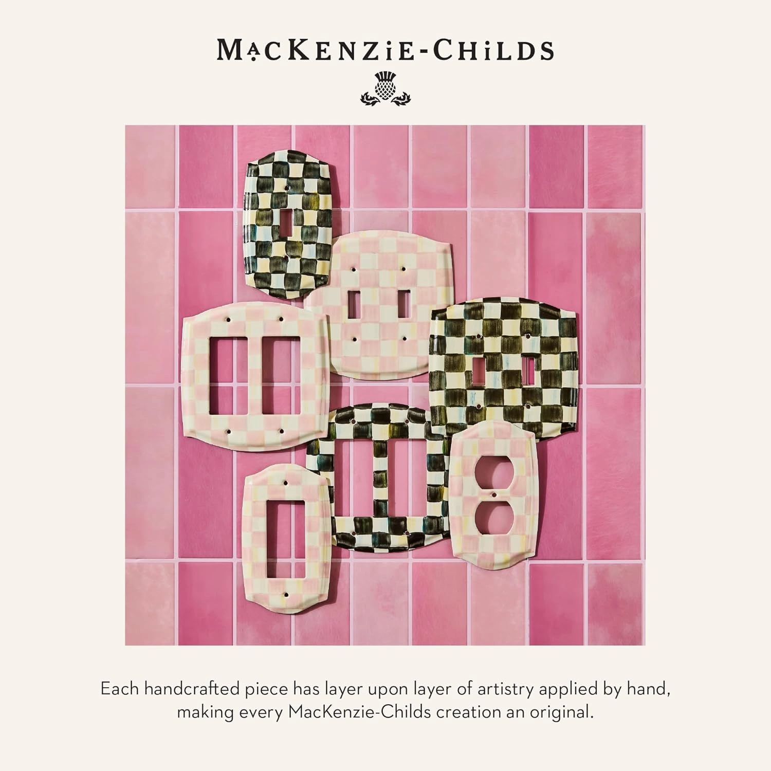 MACKENZIE-CHILDS Enamel Switch Plate, Light-Switch Cover, Single Toggle, Pink-and-White Rosy Check