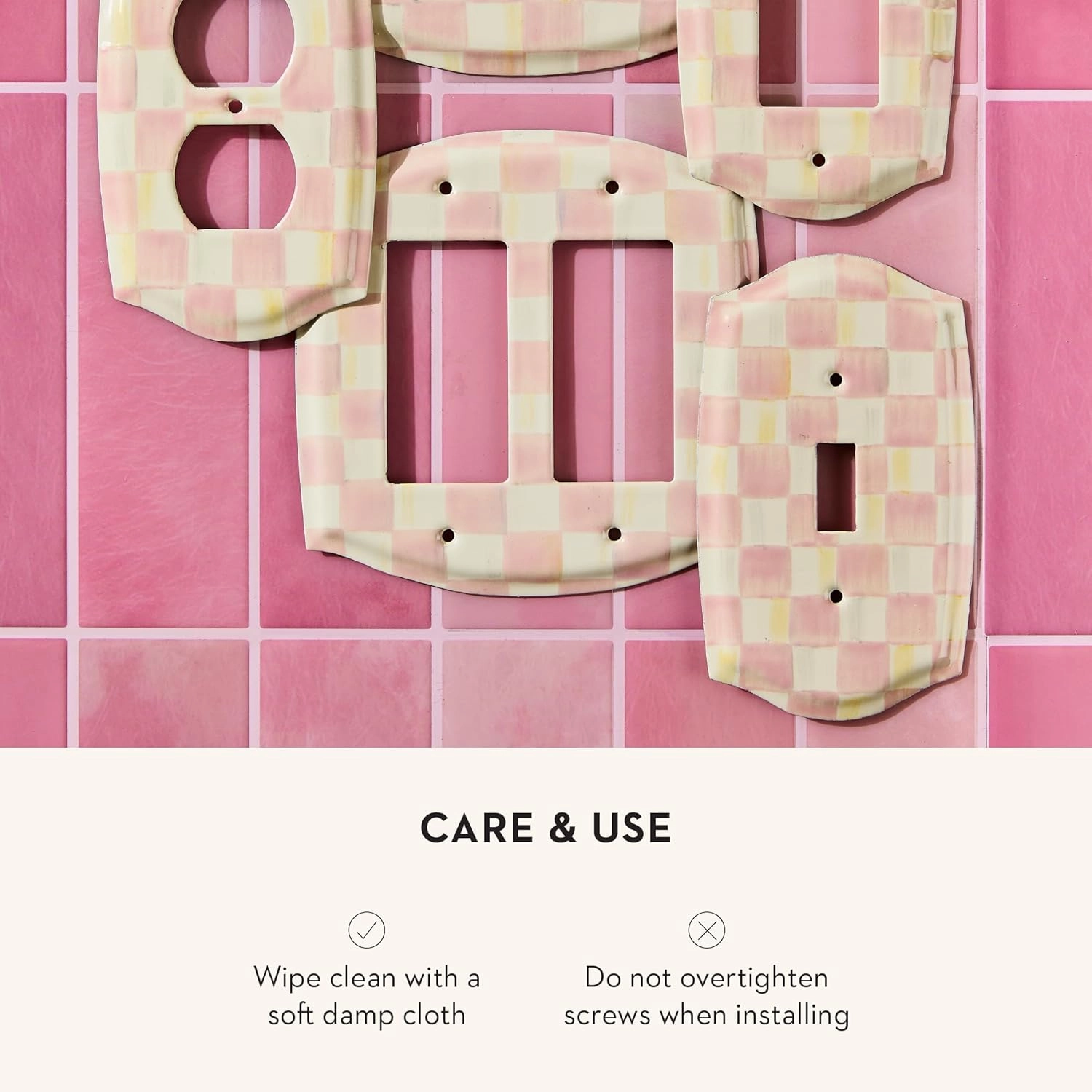 MACKENZIE-CHILDS Enamel Switch Plate, Light-Switch Cover, Single Toggle, Pink-and-White Rosy Check