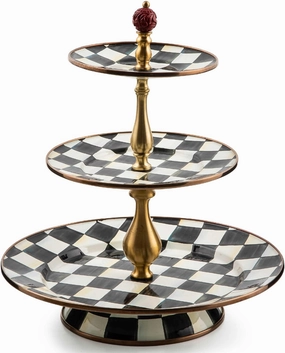 MACKENZIE-CHILDS Enamel Three-Tier Sweet Stand, Three-Tiered Serving-Tray Stand, Party Food Display, Black-and-White Courtly Check