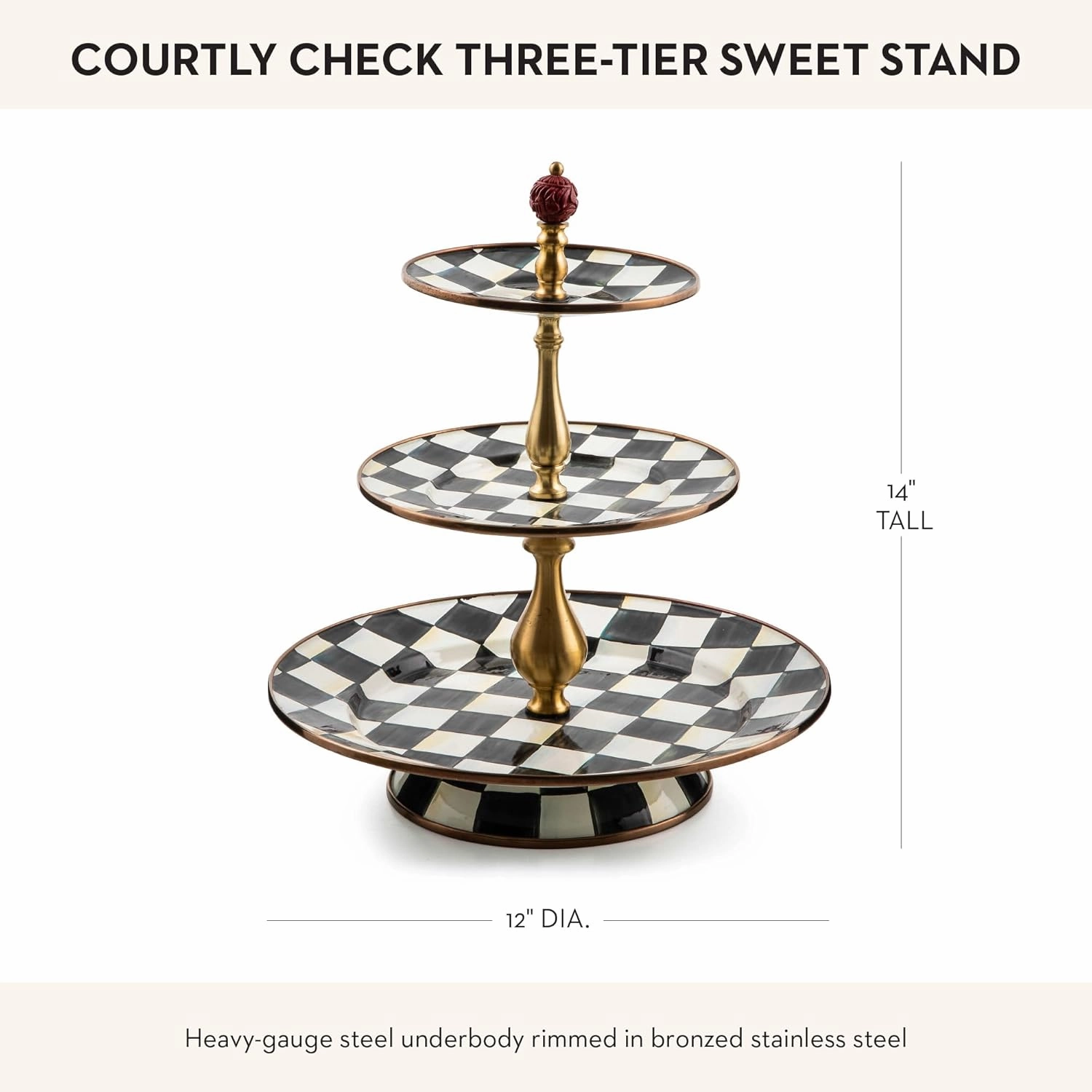 MACKENZIE-CHILDS Enamel Three-Tier Sweet Stand, Three-Tiered Serving-Tray Stand, Party Food Display, Black-and-White Courtly Check