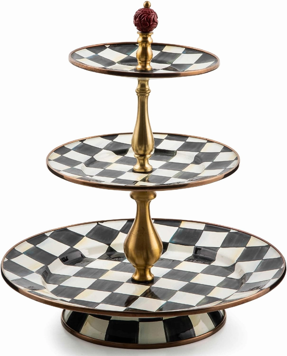 MACKENZIE-CHILDS Enamel Three-Tier Sweet Stand, Three-Tiered Serving-Tray Stand, Party Food Display, Black-and-White Courtly Check