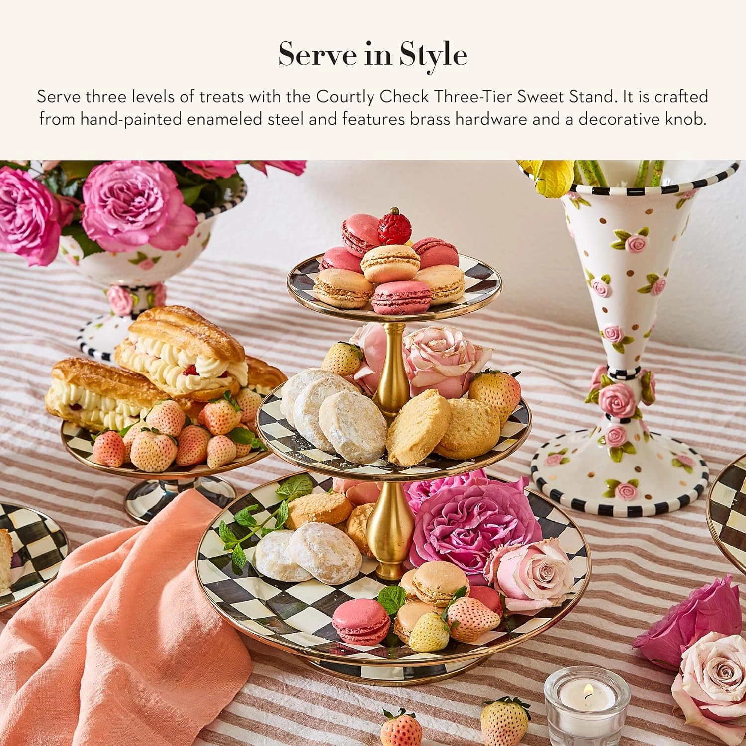 MACKENZIE-CHILDS Enamel Three-Tier Sweet Stand, Three-Tiered Serving-Tray Stand, Party Food Display, Black-and-White Courtly Check