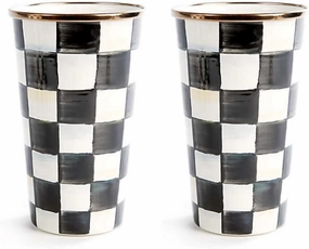 MACKENZIE-CHILDS Enamel Tumbler Glasses, Large Enamel Cups, 20 Ounces, Black-and-White Courtly Check