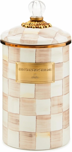 MACKENZIE-CHILDS Large Enamel Canister, Kitchen Storage Container with Lid, Brown-and-White Mocha Check