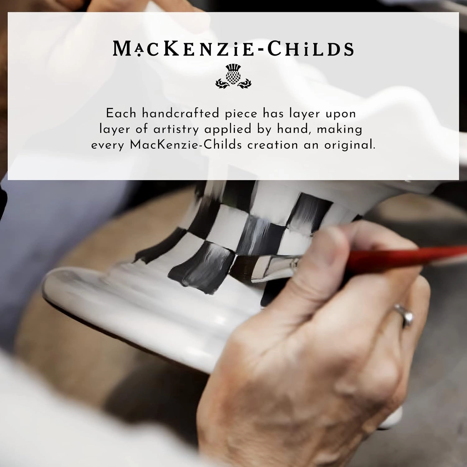 MACKENZIE-CHILDS Pedestal Tabletop Urn, Decorative Centerpiece for Table, Mantel, or Shelf, Tall, Black-and-White Courtly Check