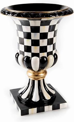 MACKENZIE-CHILDS Pedestal Tabletop Urn, Decorative Centerpiece for Table, Mantel, or Shelf, Tall, Black-and-White Courtly Check