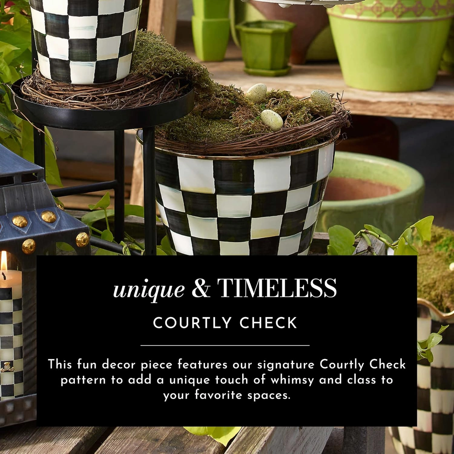 MACKENZIE-CHILDS Pedestal Tabletop Urn, Decorative Centerpiece for Table, Mantel, or Shelf, Tall, Black-and-White Courtly Check