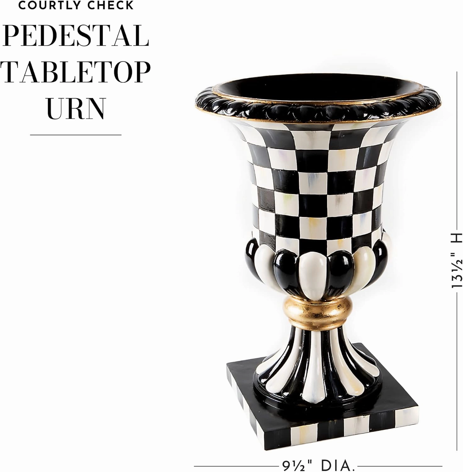 MACKENZIE-CHILDS Pedestal Tabletop Urn, Decorative Centerpiece for Table, Mantel, or Shelf, Tall, Black-and-White Courtly Check