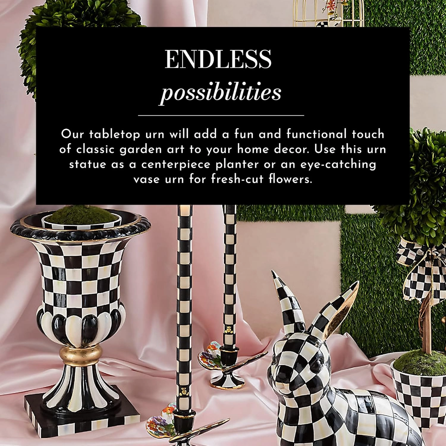 MACKENZIE-CHILDS Pedestal Tabletop Urn, Decorative Centerpiece for Table, Mantel, or Shelf, Tall, Black-and-White Courtly Check