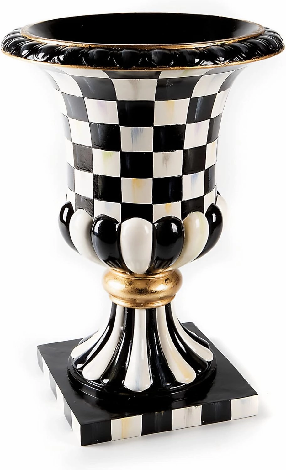 MACKENZIE-CHILDS Pedestal Tabletop Urn, Decorative Centerpiece for Table, Mantel, or Shelf, Tall, Black-and-White Courtly Check