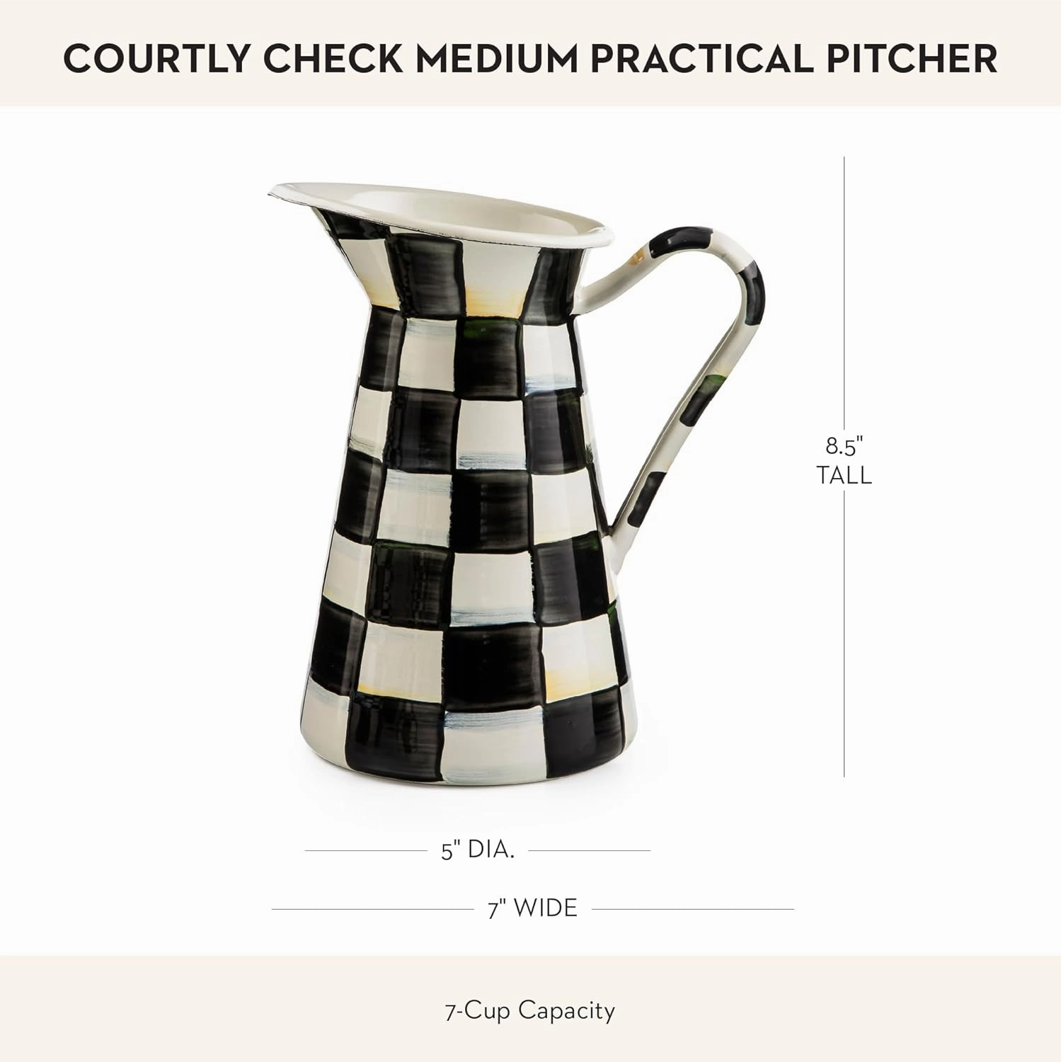 MACKENZIE-CHILDS Practical Enamel Pitcher with Spout, Drink Pitcher for Iced Tea or Water, Flower Vase, Medium, Black-and-White Courtly Check