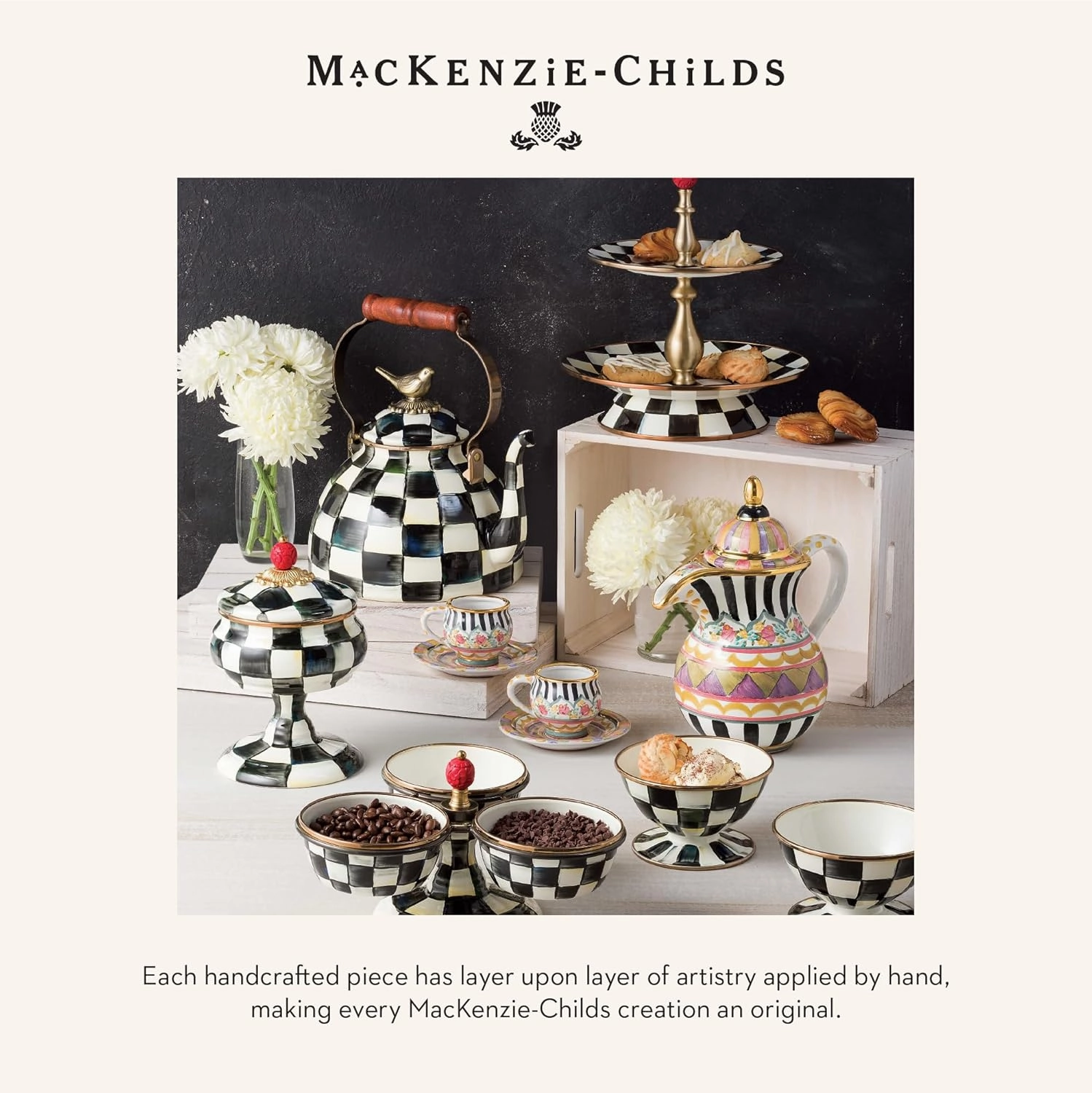 MACKENZIE-CHILDS Practical Enamel Pitcher with Spout, Drink Pitcher for Iced Tea or Water, Flower Vase, Medium, Black-and-White Courtly Check