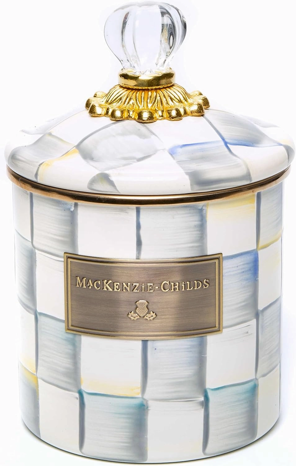 MACKENZIE-CHILDS Small Enamel Canister, Kitchen Storage Container for Flour and Sugar, 1.13 Liters, Grey-and-White Sterling Check