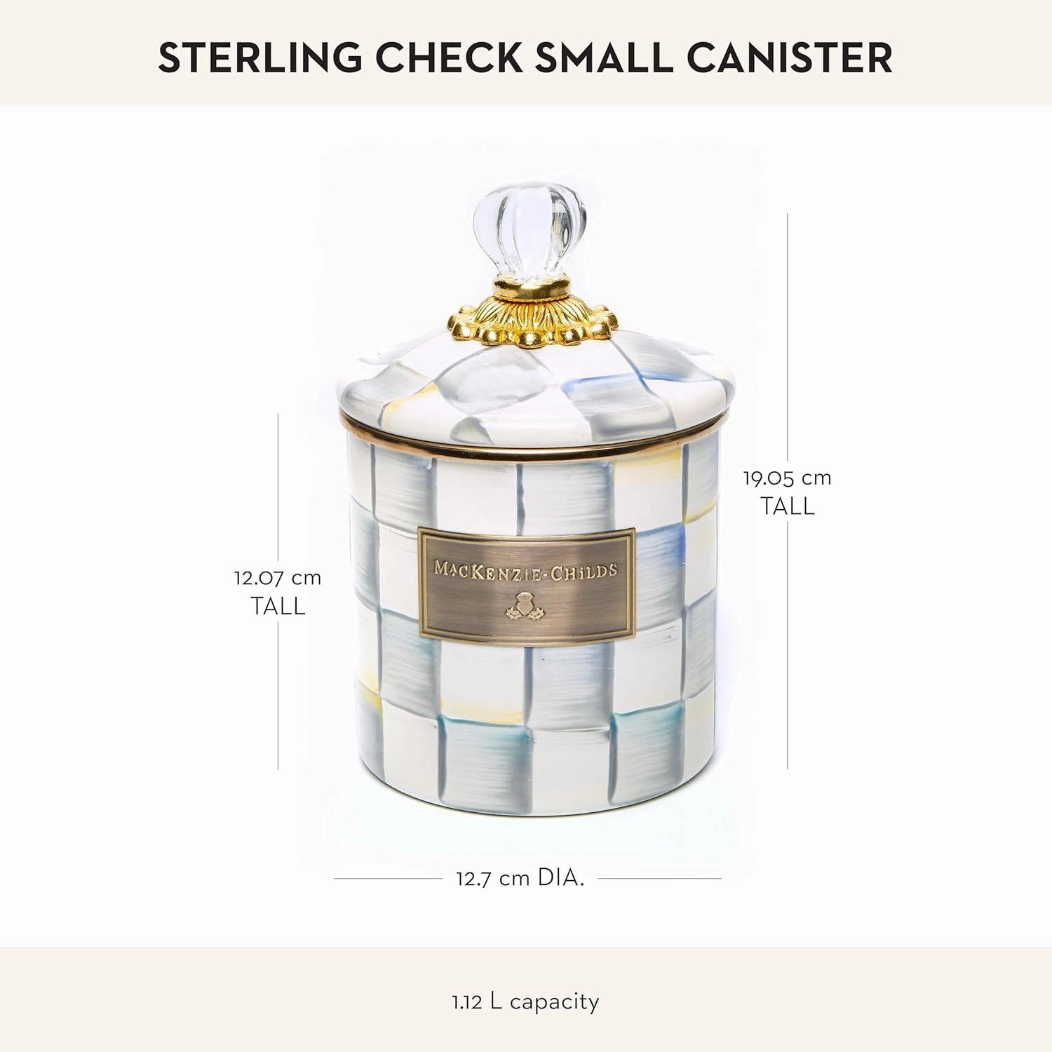 MACKENZIE-CHILDS Small Enamel Canister, Kitchen Storage Container for Flour and Sugar, 1.13 Liters, Grey-and-White Sterling Check