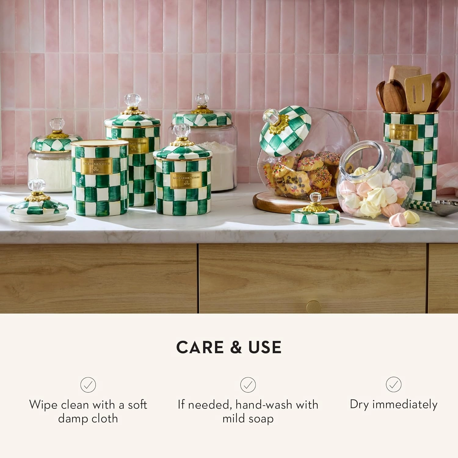 MACKENZIE-CHILDS Small Enamel Canister, Kitchen Storage Container with Lid, Green-and-White Emerald Check