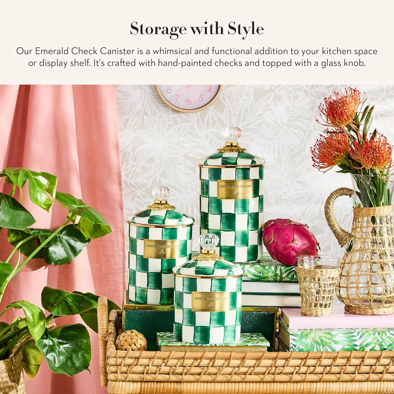 MACKENZIE-CHILDS Small Enamel Canister, Kitchen Storage Container with Lid, Green-and-White Emerald Check