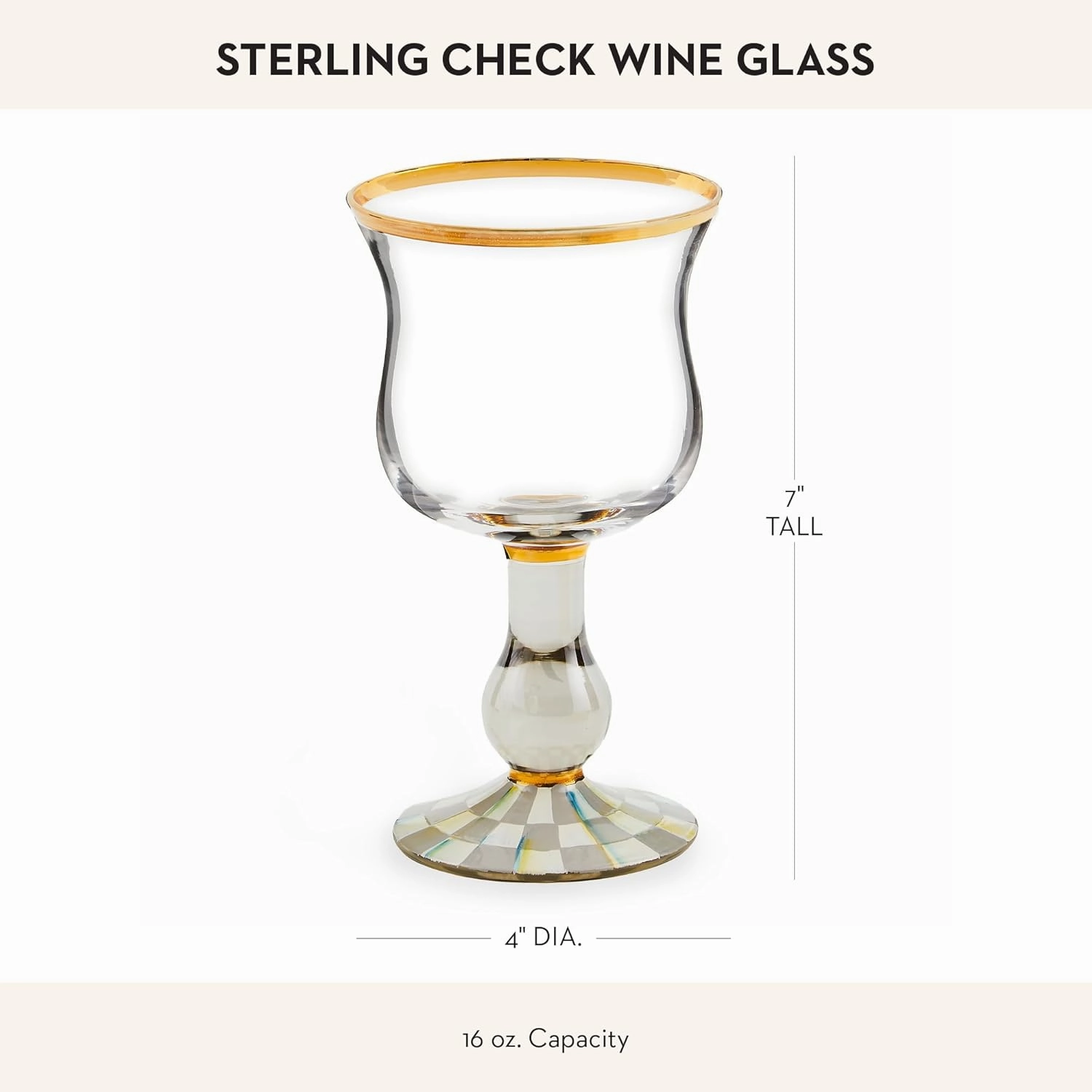 MACKENZIE-CHILDS Stemmed Wine Glass, Decorative Wine Glassware, 16 Ounces, Gray-and-White Sterling Check