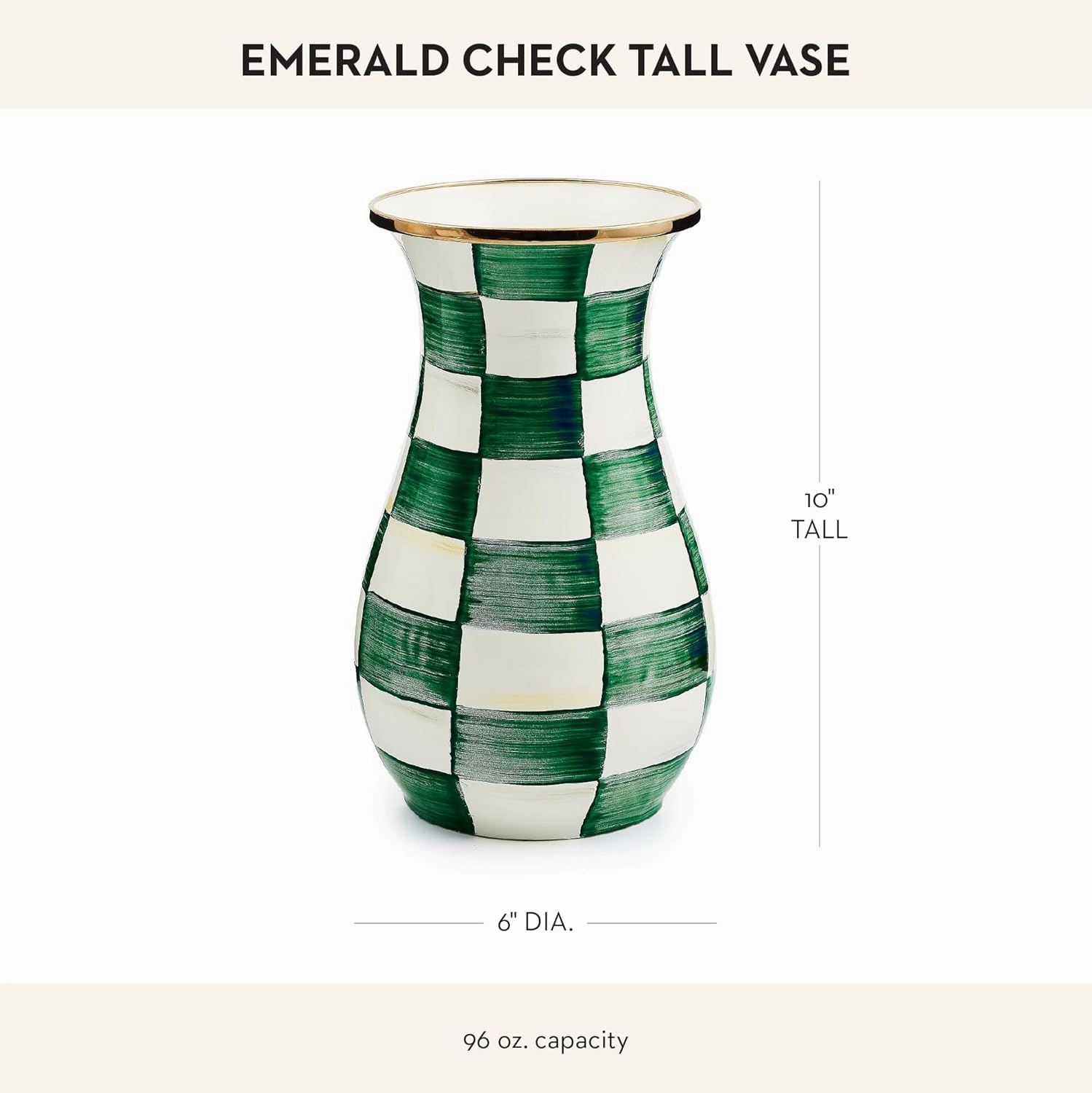MACKENZIE-CHILDS Tall Enamel Vase, Unique Flower-Vase Decor for Living Room, Green-and-White Emerald Check