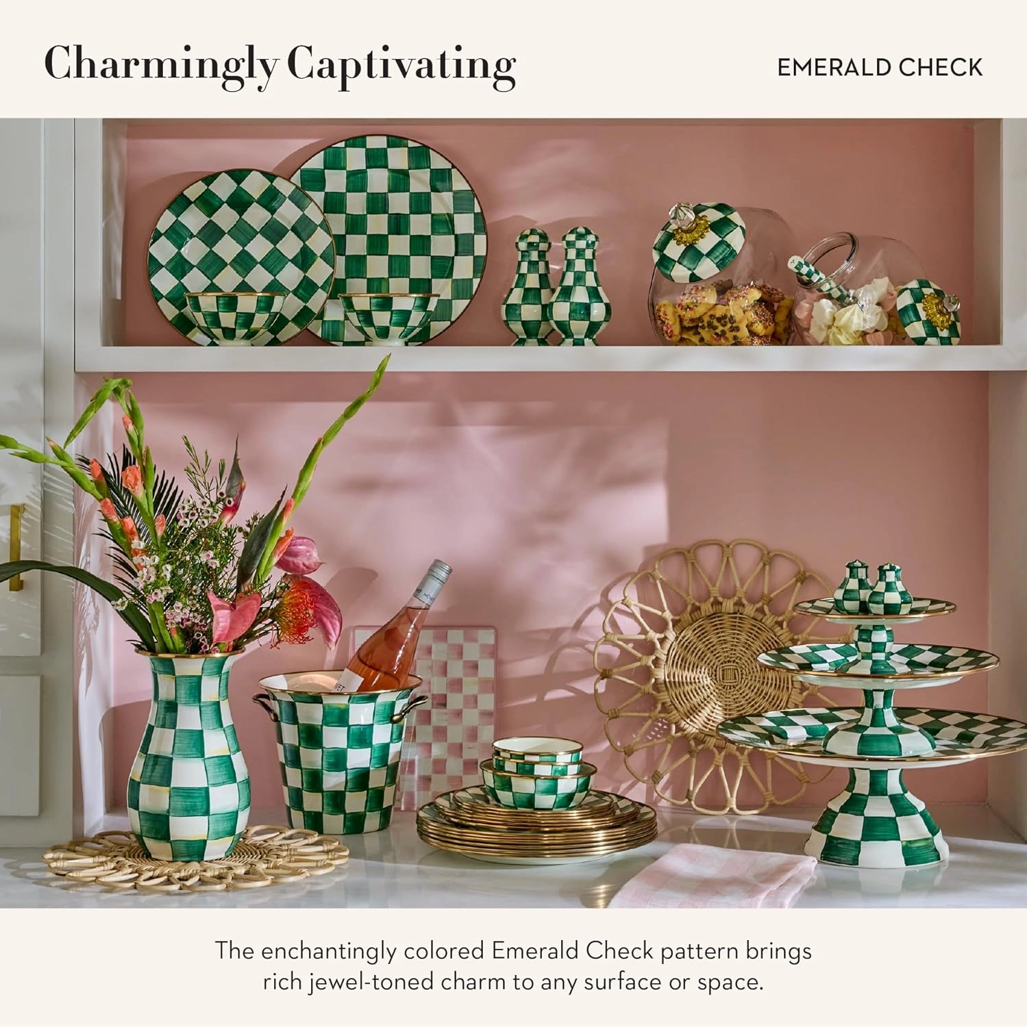 MACKENZIE-CHILDS Tall Enamel Vase, Unique Flower-Vase Decor for Living Room, Green-and-White Emerald Check