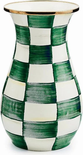 MACKENZIE-CHILDS Tall Enamel Vase, Unique Flower-Vase Decor for Living Room, Green-and-White Emerald Check