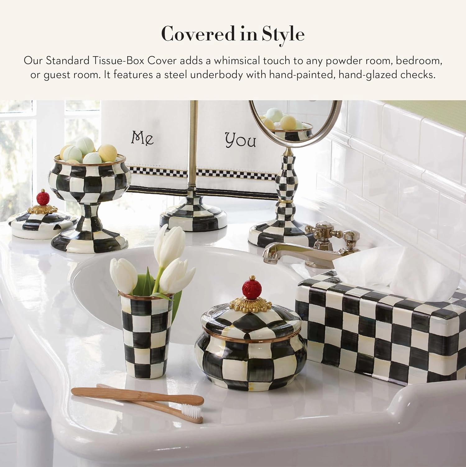 MACKENZIE-CHILDS Tissue-Box Cover, Tissue Holder for Home Decor, Black-and-White Courtly Check, Rectangle