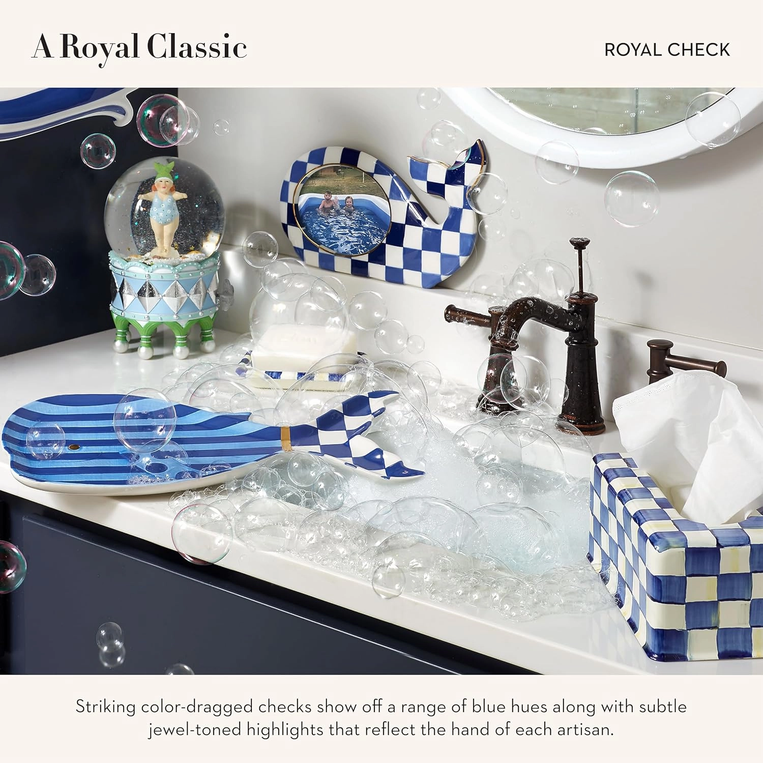 MACKENZIE-CHILDS Tissue-Box Cover, Tissue Holder for Home Decor, Blue-and-White Royal Check, Square