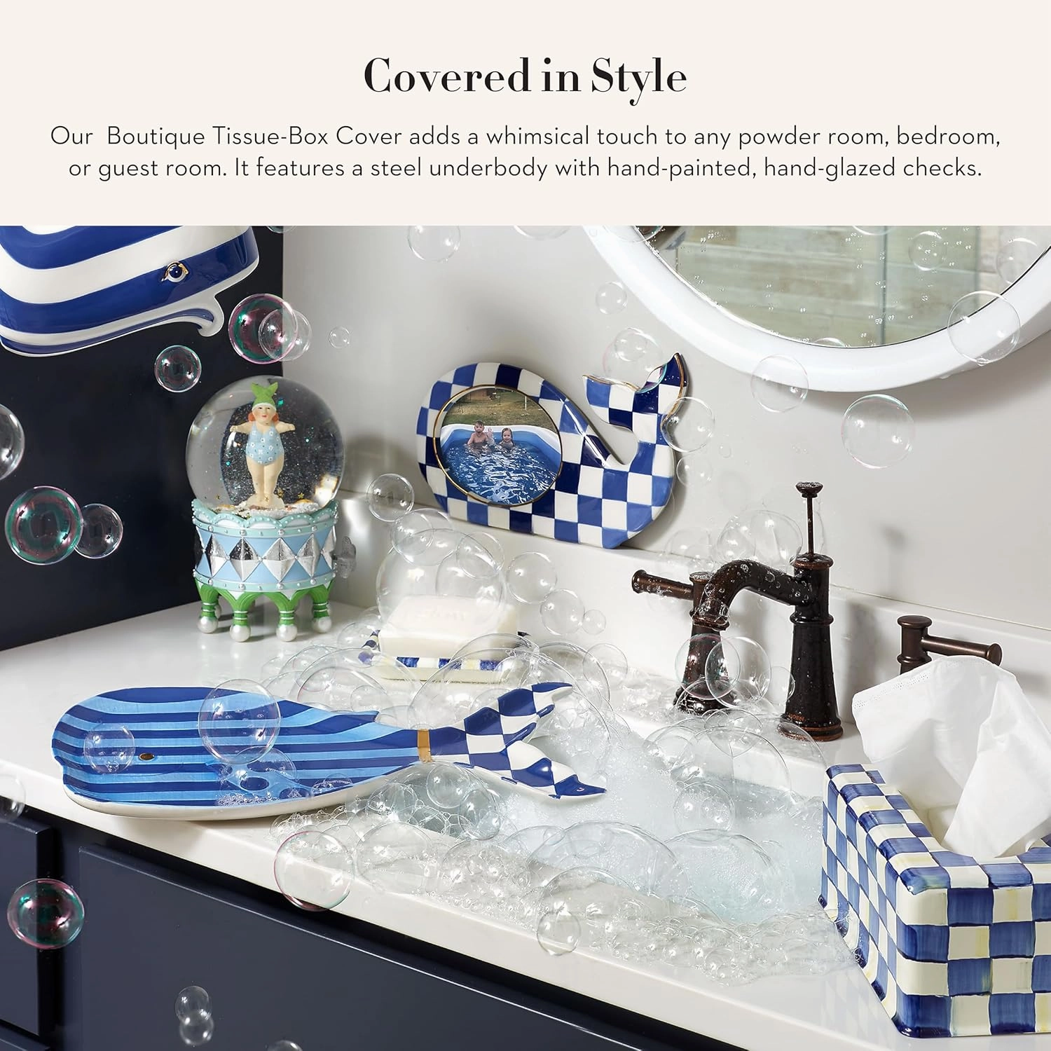 MACKENZIE-CHILDS Tissue-Box Cover, Tissue Holder for Home Decor, Blue-and-White Royal Check, Square