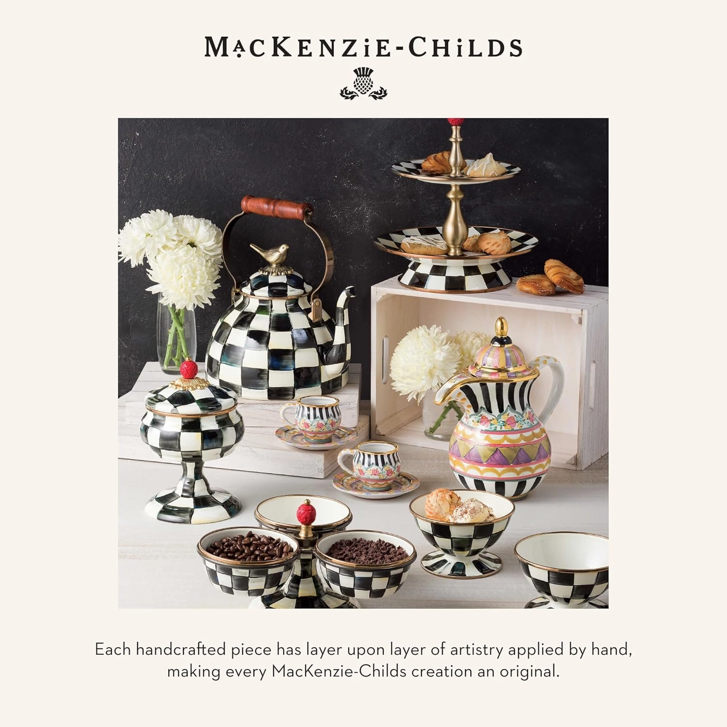 MACKENZIE-CHILDS Tumbler Glasses, Elegant Drinkware, Glasses with Gold Rim, 8 Ounces, Set of 2, Black-and-White Courtly Check