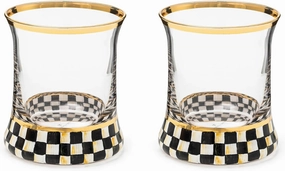 MACKENZIE-CHILDS Tumbler Glasses, Elegant Drinkware, Glasses with Gold Rim, 8 Ounces, Set of 2, Black-and-White Courtly Check