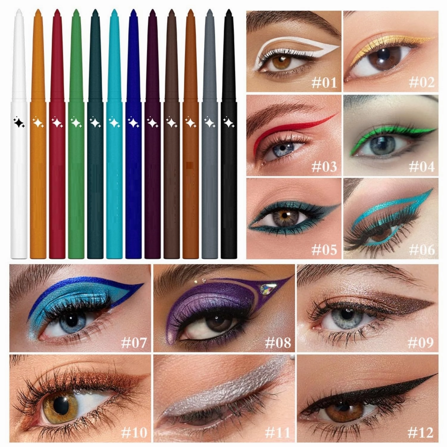MAEPEOR 12PCS Eyeliner Pencil Set Smooth Natural Metal Gel Eye Liner Pen Longlasting Waterproof and Smudgeproof Eyeliner Set (Set 1201, Metal)