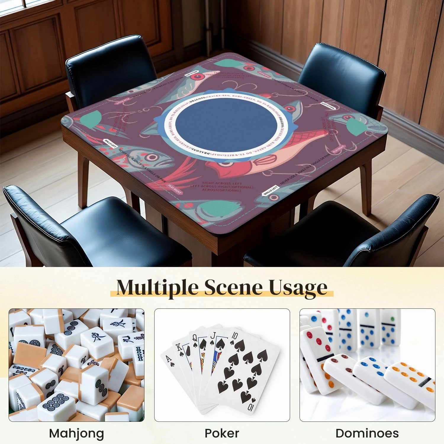 Mahjong Mat for Table Fishing Lures Seamless 31.5" x 31.5" Non-Slip Noise-Reducing Game Mat Premium Mahjong Accessories for Poker Dominoes Board Games
